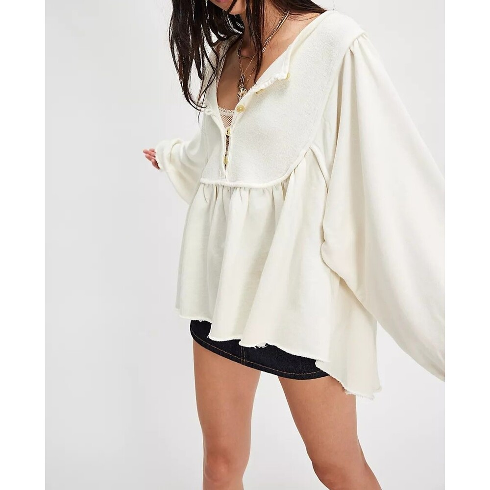 Free People About A Girl Pullover Sweatshirt Top Henley Flowy Cotton L 283055